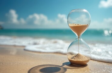 Hourglass on sandy beach with ocean background. Time concept, deadline, vacation. Sandy shore, blue water, sky, waves, sunny day. Time running out, relaxation, travel, summer holidays. Sand flows,