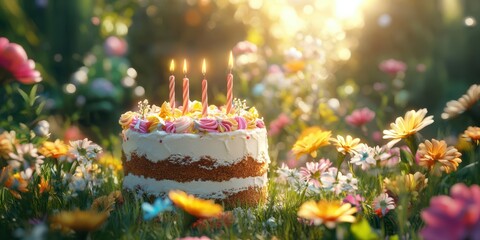 Birthday celebration with a decorated cake surrounded by vibrant flowers in a sunlit garden during springtime