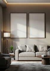 modern living room with beige sofa, neutral tones, framed wall art, potted plant, and stylish floor lamp. cozy ambiance, minimalistic design. perfect space for relaxation and inspiration