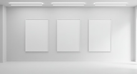 minimalistic gallery with three blank white frames on clean walls and modern lighting, perfect for art exhibits or creative showcases in a contemporary setting