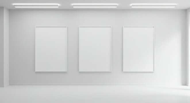 minimalistic gallery with three blank white frames on clean walls and modern lighting, perfect for art exhibits or creative showcases in a contemporary setting