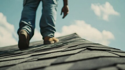 Hispanic roofing technician installing shingles on a pitched roof. Featuring precision and expertise