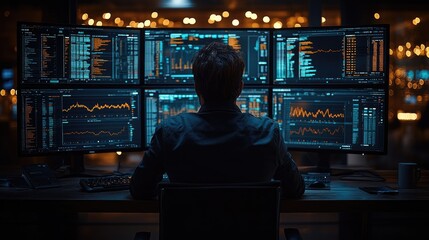 A person working at a desk with several computer screens