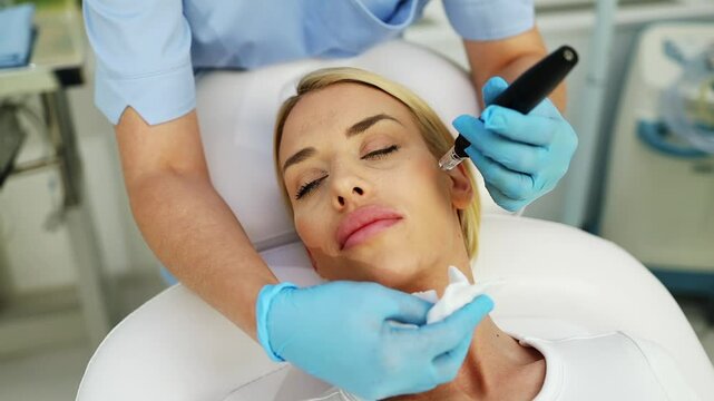 Young woman receiving hydra facial treatment for exfoliation, rejuvenation and hydration of her face skin. Modern facial hydro micro dermal abrasion peeling beauty procedure. Hydra vacuum cleaner. 