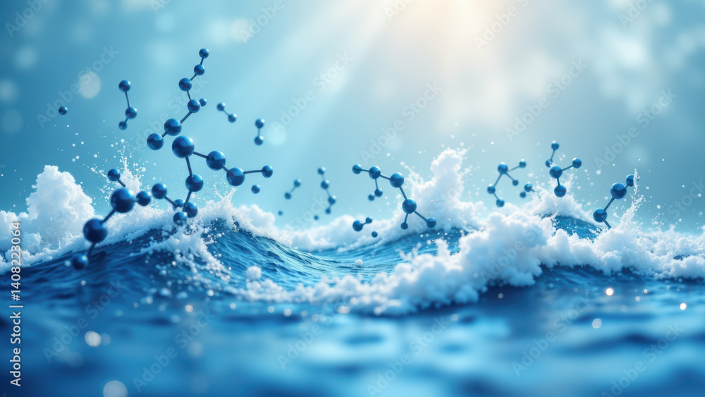 Aufkleber dynamic molecular structure of glp1, floating atop rippling water with sunlight rays illuminating fr