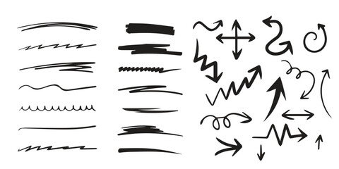 Hand Drawn Brush Stroke Lines and Arrows Vector Element Set. Sketchy Underlines, Swirls, Zigzags, and Directional Arrows. Vector Illustration