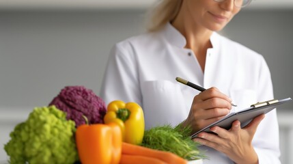 nutritionist writing notes near colorful vegetables like peppers and broccoli, focusing on healthy eating and diet planning. concept of nutrition, freshness, and healthy lifestyle