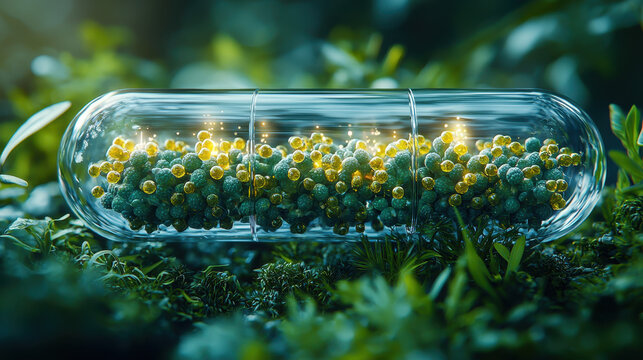 Close-up of a transparent bio-battery demonstrating engineered bacteria producing sustainable energy for future clean power in 2100