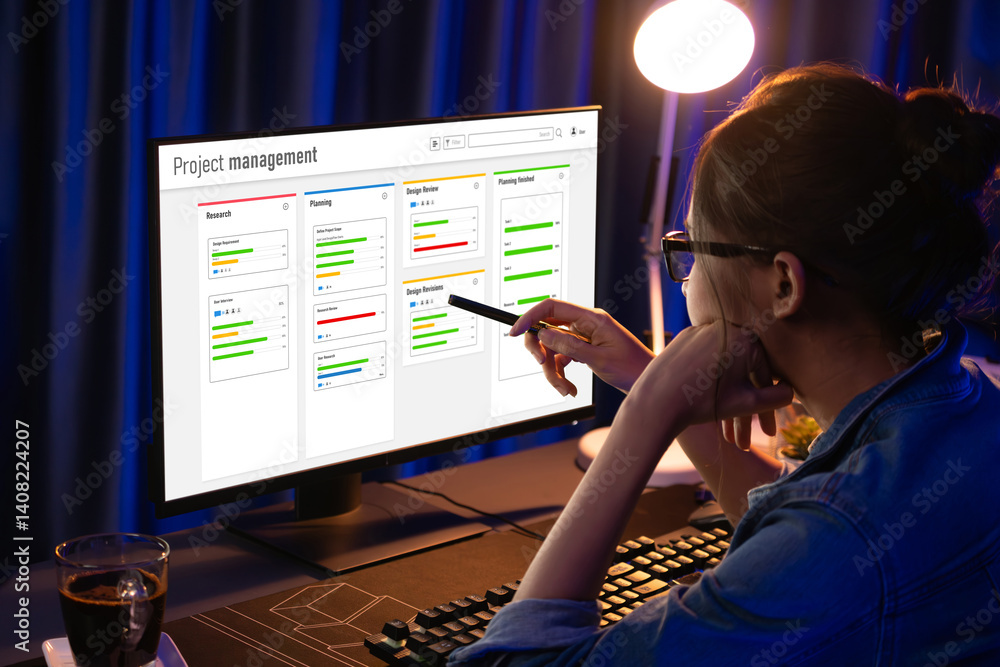 Poster project planning software for brisk business project management on the computer screen showing timel