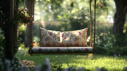 Beautiful swing chair with a vibrant flowery design pillow