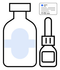 Medicine bottle and dropper alongside social media metrics. Ideal for healthcare, marketing, pharmacy branding, product promotion, digital health care, viral trends, simple landing page