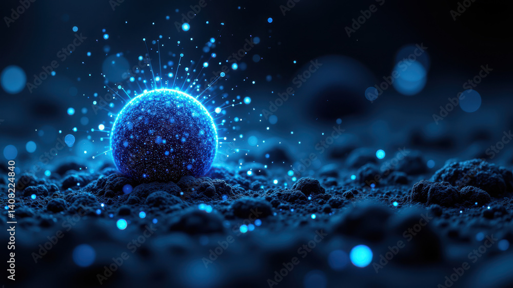 Poster glp1 molecule floating above surface with blue particles.
