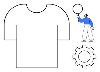 T-shirt outline, character holding a circle, and gear symbolizing creation and customization. Ideal for branding, fashion design, innovation, teamwork, marketing, creativity and simple landing page