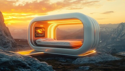 Futuristic Mountaintop Bed: A Serene Sunset Escape