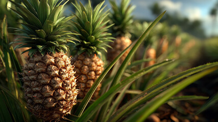 Obraz premium Vibrant pineapple field showcasing growth and texture in lush greenery
