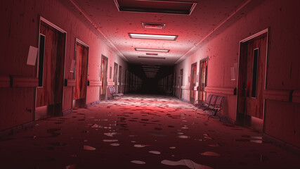 Scary empty hospital with some lights on. Bloody corridor as a crime scene with doors, chairs and no people. 3d rendering. seamless loop.
