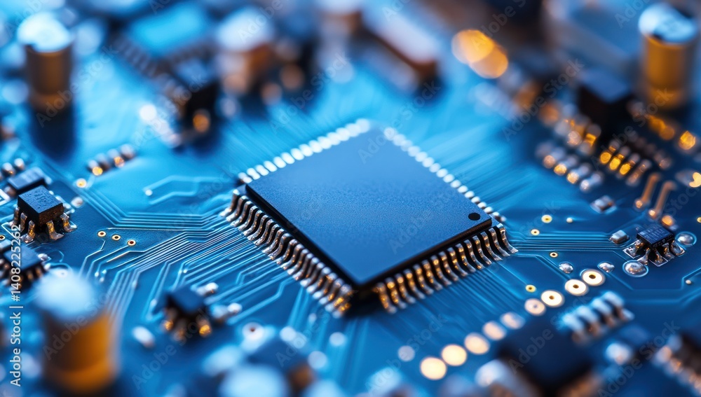Poster close-up of a microchip on circuit board: advanced technology and digital innovation