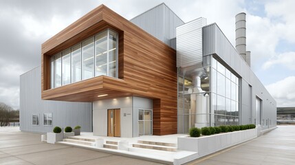 Biomass energy facility using dried plant waste as fuel, clean processing lines and eco-friendly architecture with modern ventilation