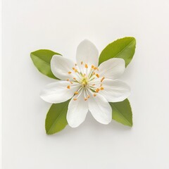 Fototapeta premium A single white blossom with green leaves isolated background