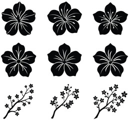 Black floral silhouette pattern, a set of spring flowers vector art