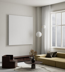 living room interior mock up with modern furnitures. Poster frame mock up in modern interior design. 3D illustration