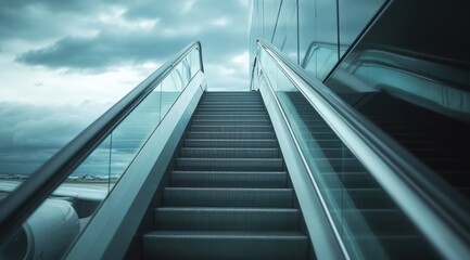 Fototapeta premium Airport Escalator Ascending Towards Cloudy Sky