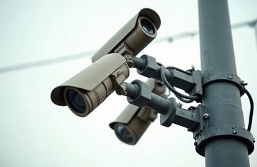 Multiple security cameras mounted on pole. CCTV surveillance system, modern video surveillance, digital security tech, crime prevention equipment, city monitoring, protection. Remote monitoring
