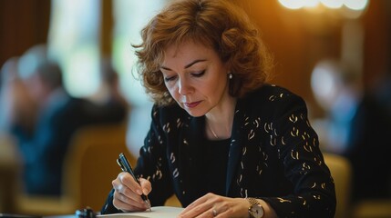 Professional woman writing in notebook during boardroom meeting with elegant surroundings and thoughtful expression Generative AI