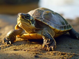 Obraz premium Close-up of a turtle on a sandy bank, showcasing its patterned shell and detailed skin. Sunlight highlights its natural beauty.