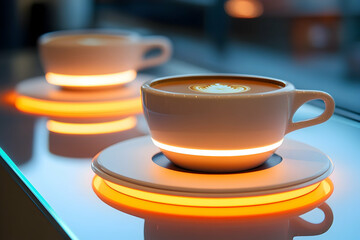 Illuminated coffee cups on glowing, illuminated saucers.
