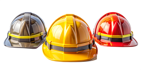 set collection of fireman and hard safety orange or yellow helmet cap hat in different color styles for construction sites isolated on white background png