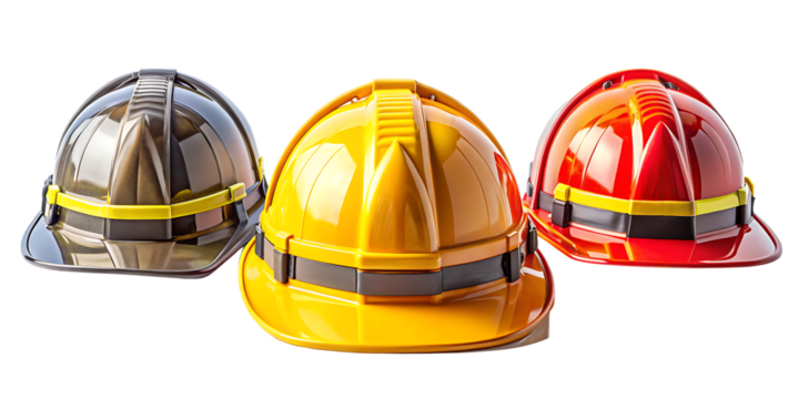 set collection of fireman and hard safety orange or yellow helmet cap hat in different color styles for construction sites isolated on white background png