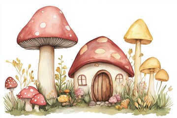 Watercolor illustration of a mushroom house surrounded by various types of mushrooms and plants