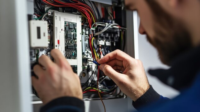 Electrician installing a home security system. Featuring technology and security