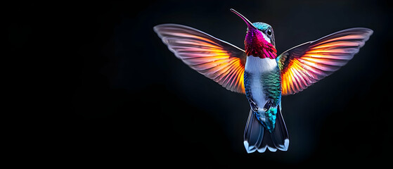 Obraz premium Pixel Art Hummingbird With Vibrant Iridescent Plumage and Glowing Wings Spread Against Dark Background