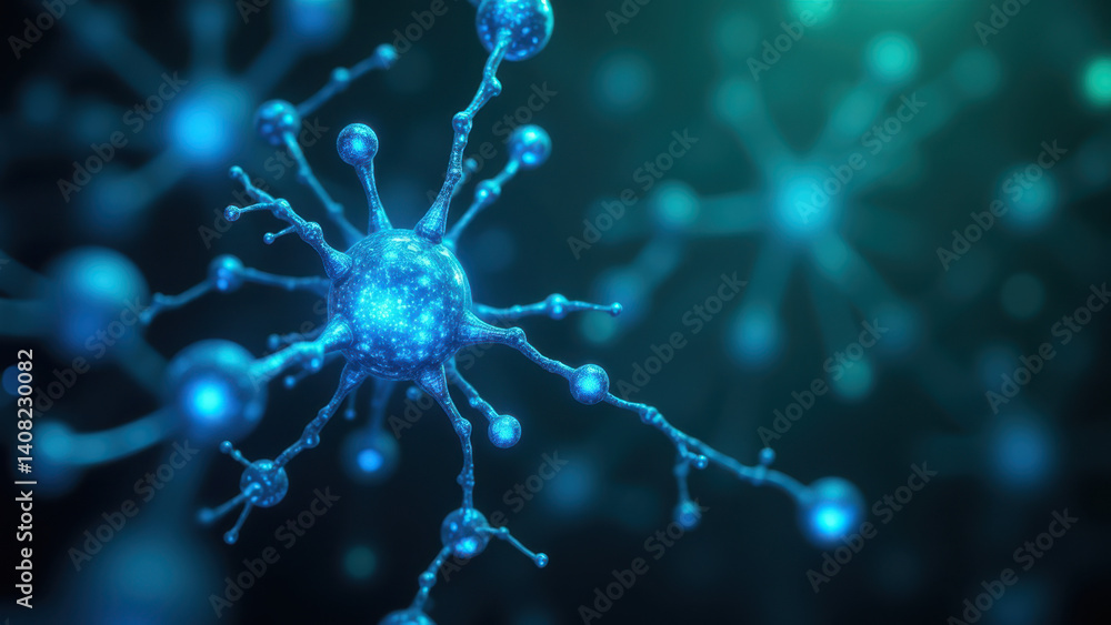 Poster a colorful microscopic image of a glp-1 molecule interacting with a cell, featuring vibrant blues an