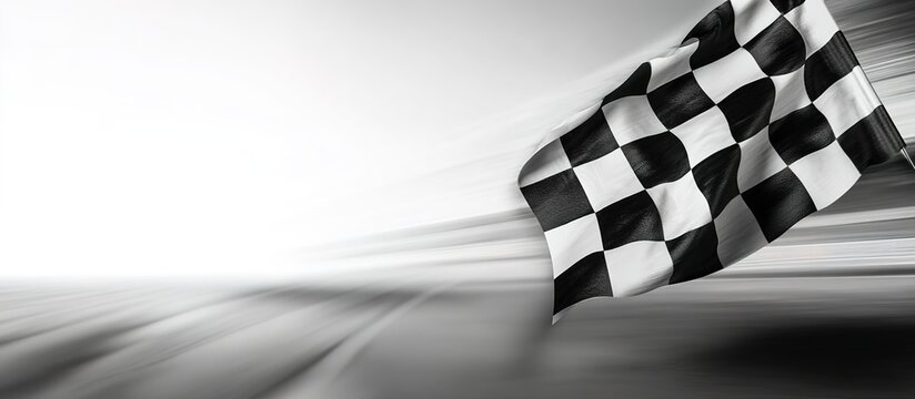 Waving black-and-white checkered flag, iconic in motorsports. Represents race conclusions and competitive spirit.