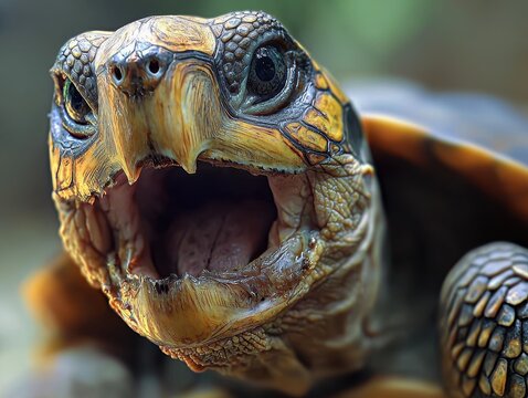 Close-up of turtle with open mouth, intricate shell and textured skin, capturing the unique beauty and details of this reptile.