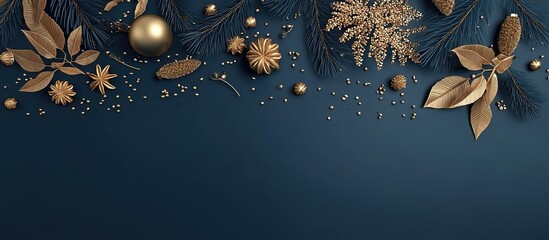 Deep blue background with golden Christmas ornaments and pine branches. Ideal for holiday cards or festive marketing, symbolizing warmth and joy.