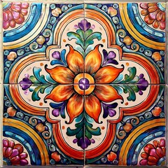 Classic hand-painted Talavera tile from Mexico, decorative folk art with flower-inspired geometric design. AI Generated