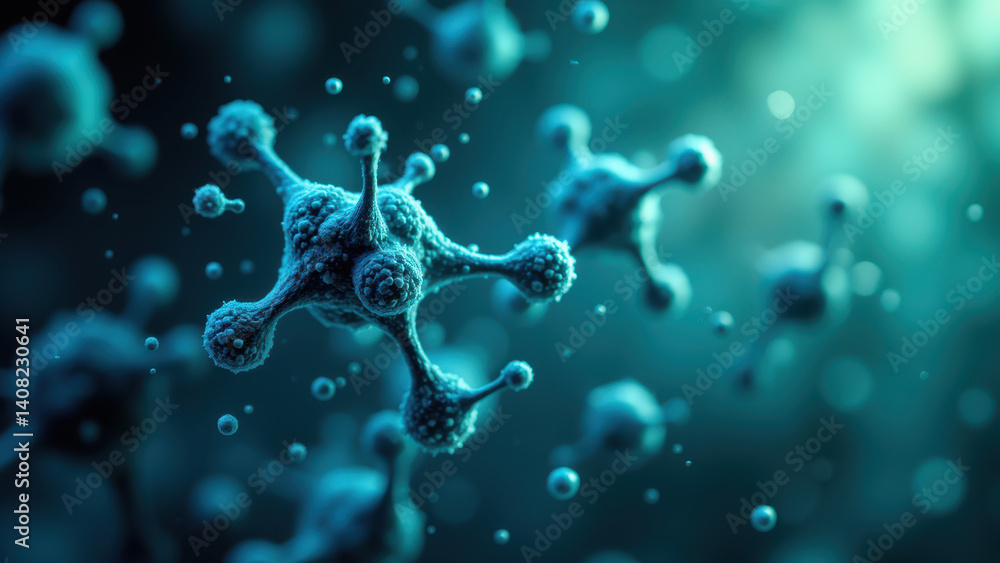 Poster close-up of glp-1 molecule floating in a blue space with smaller particles.