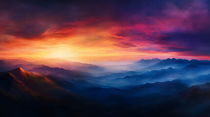 Fototapeta premium A vibrant sunset over a majestic mountain landscape, painting the sky in warm hues of orange and pink.