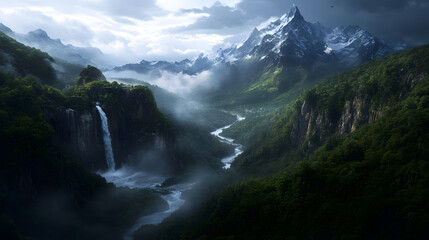 A view of steep cliffs and narrow valleys with wild rivers rushing between them, surrounded by dense forests and snow-capped peaks.