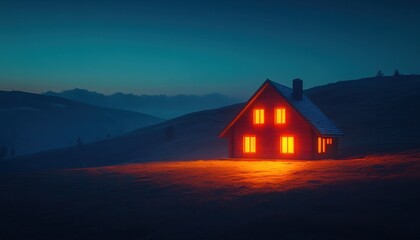 A cozy cabin glows warmly amidst a serene mountain landscape at twilight its windows illuminating the night with a soft orange hue