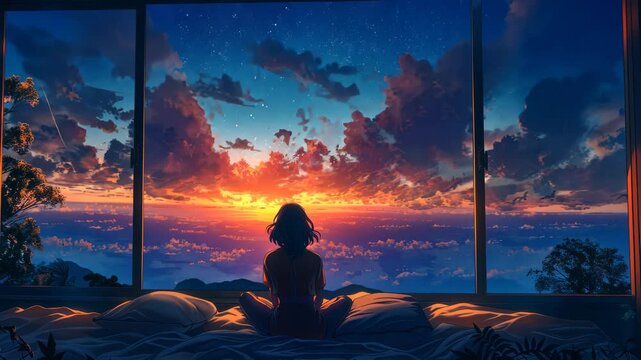 Lo-fi Anime Girl Watching Clouds in Bedroom Aesthetic Seamless Loop