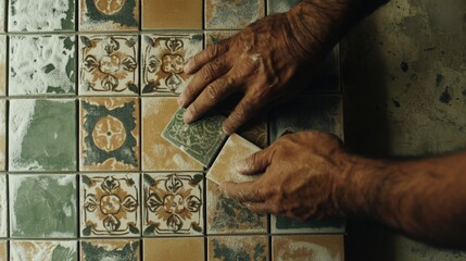 Hispanic tile setter placing ceramic tiles in a bathroom. Featuring precise tiling skills and bathroom renovation