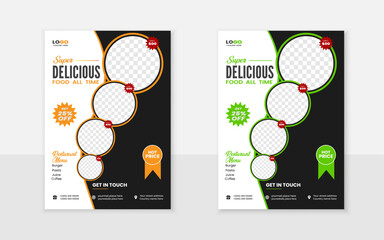  Modern creative a4 size resturant food flyer menu card design template layout with elliptical black green and orange shape
