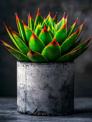 Striking red-tinged succulent plant in a stylish concrete pot, placed against a neutral background, blending nature and modern design.
