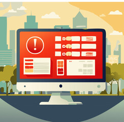 Obraz premium Cybersecurity Alert on Computer Screen with Urban Background in Flat Design Style
