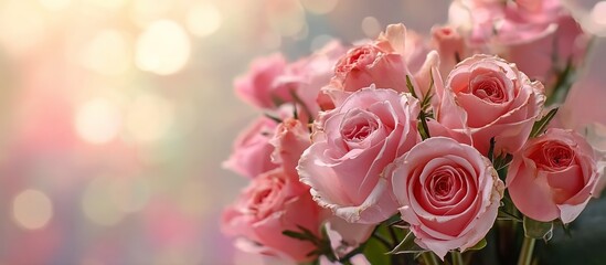 Obraz premium Bouquet of pink roses with bokeh lighting, symbolizing love and elegance. Used in weddings, Valentine’s Day, or home decor.